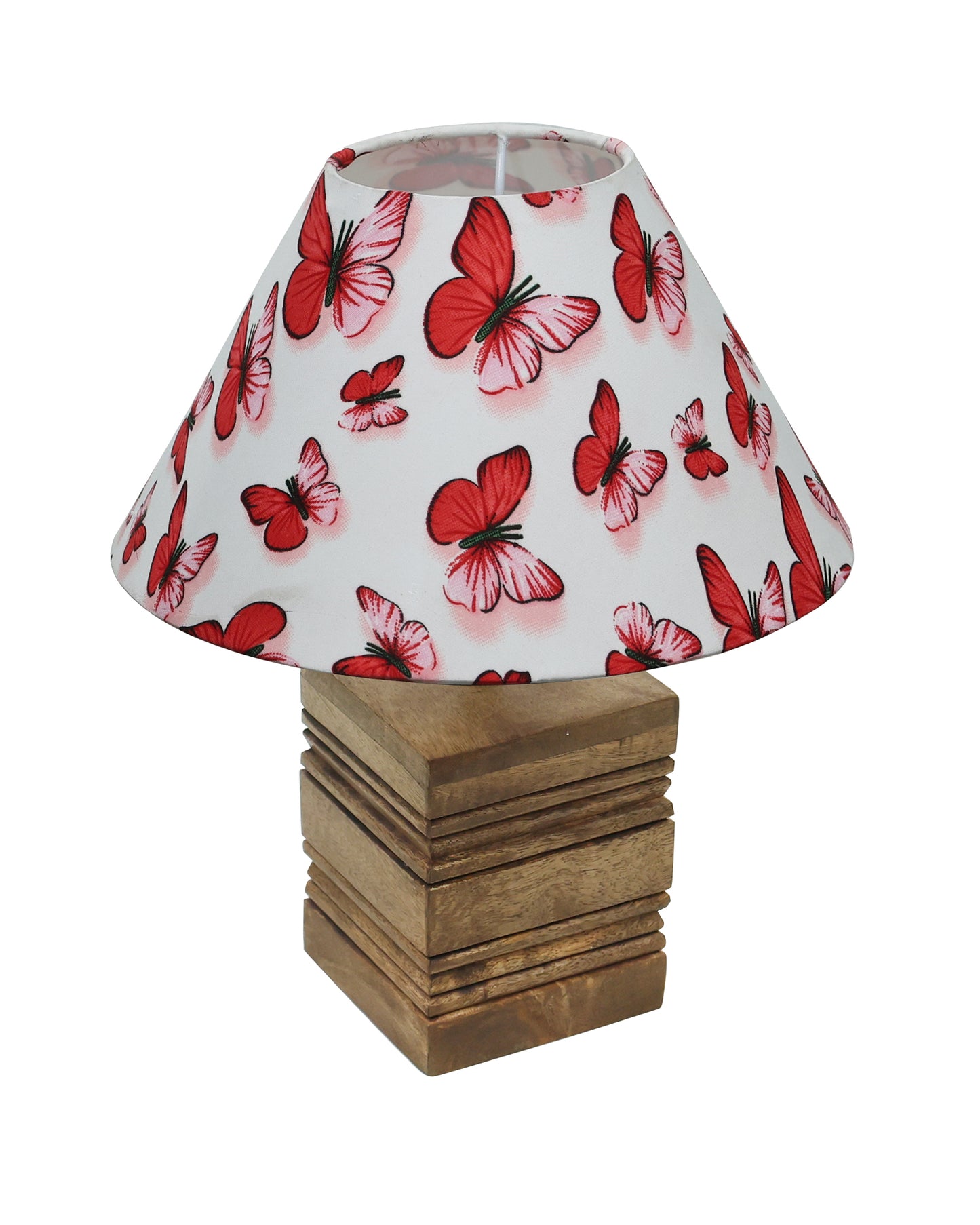 Ribbed Cube Table Lamp, Wooden Base Modern Fabric Lampshade for Home Office Cafe Restaurant, Cone