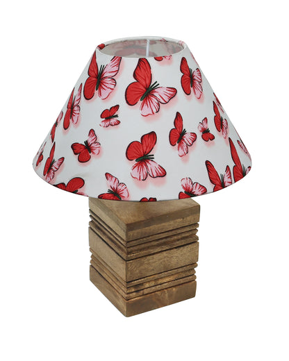 Ribbed Cube Table Lamp, Wooden Base Modern Fabric Lampshade for Home Office Cafe Restaurant, Cone