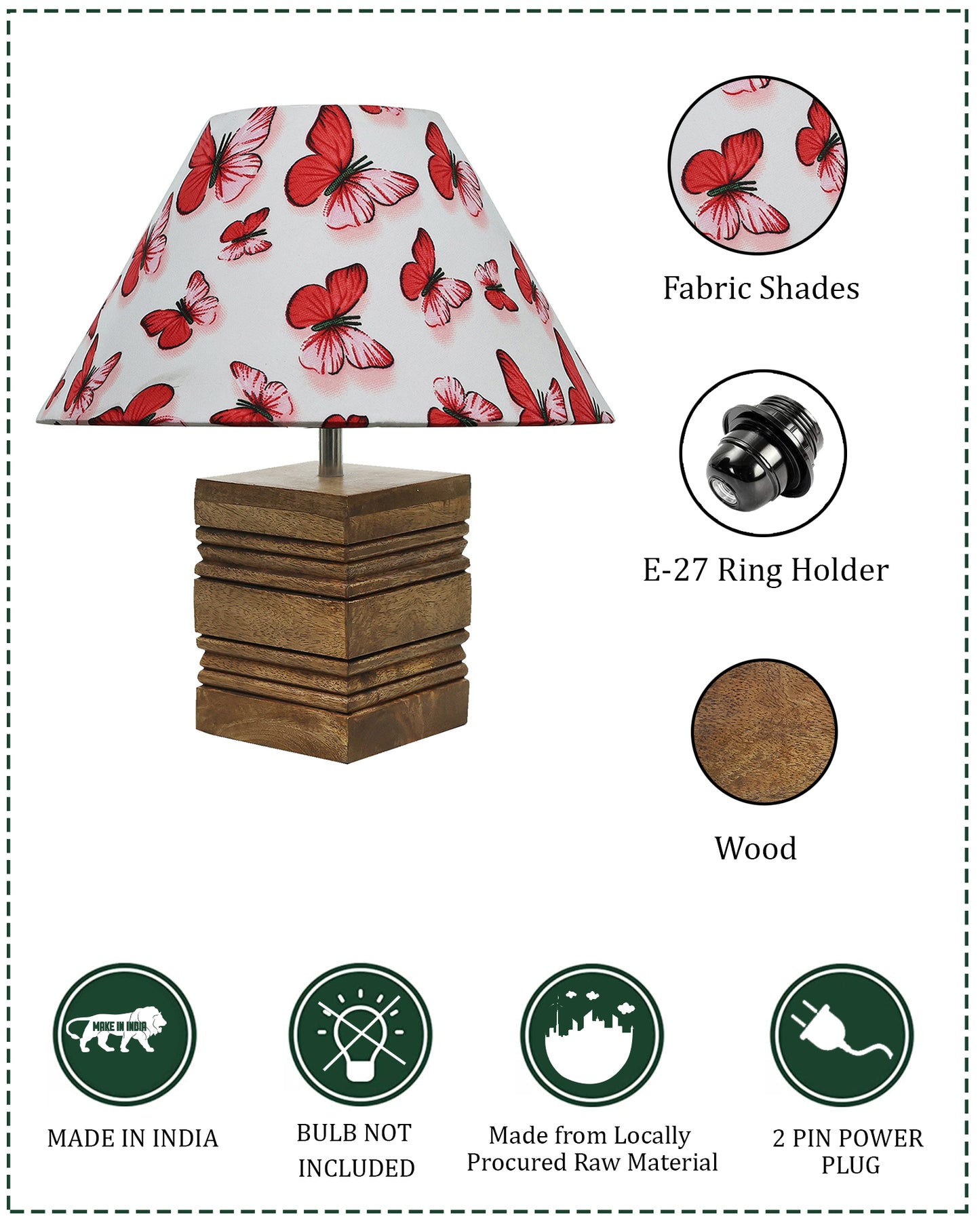 Ribbed Cube Table Lamp, Wooden Base Modern Fabric Lampshade for Home Office Cafe Restaurant, Cone