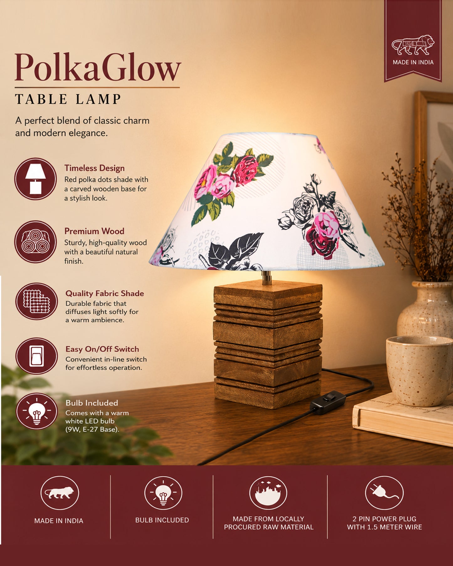 Ribbed Cube Table Lamp, Wooden Base Modern Fabric Lampshade for Home Office Cafe Restaurant, Cone