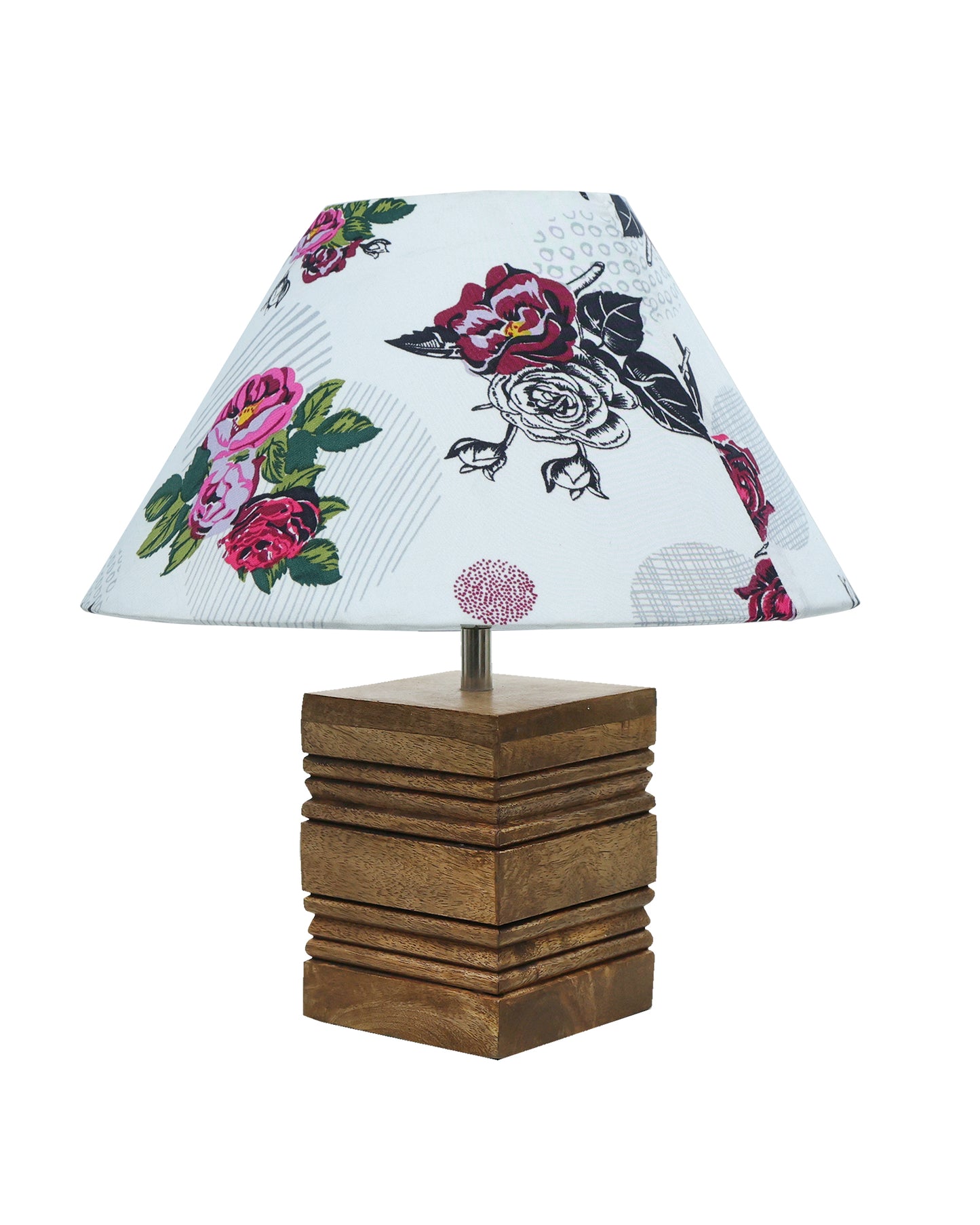Ribbed Cube Table Lamp, Wooden Base Modern Fabric Lampshade for Home Office Cafe Restaurant, Cone