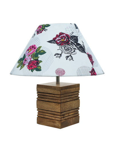 Ribbed Cube Table Lamp, Wooden Base Modern Fabric Lampshade for Home Office Cafe Restaurant, Cone