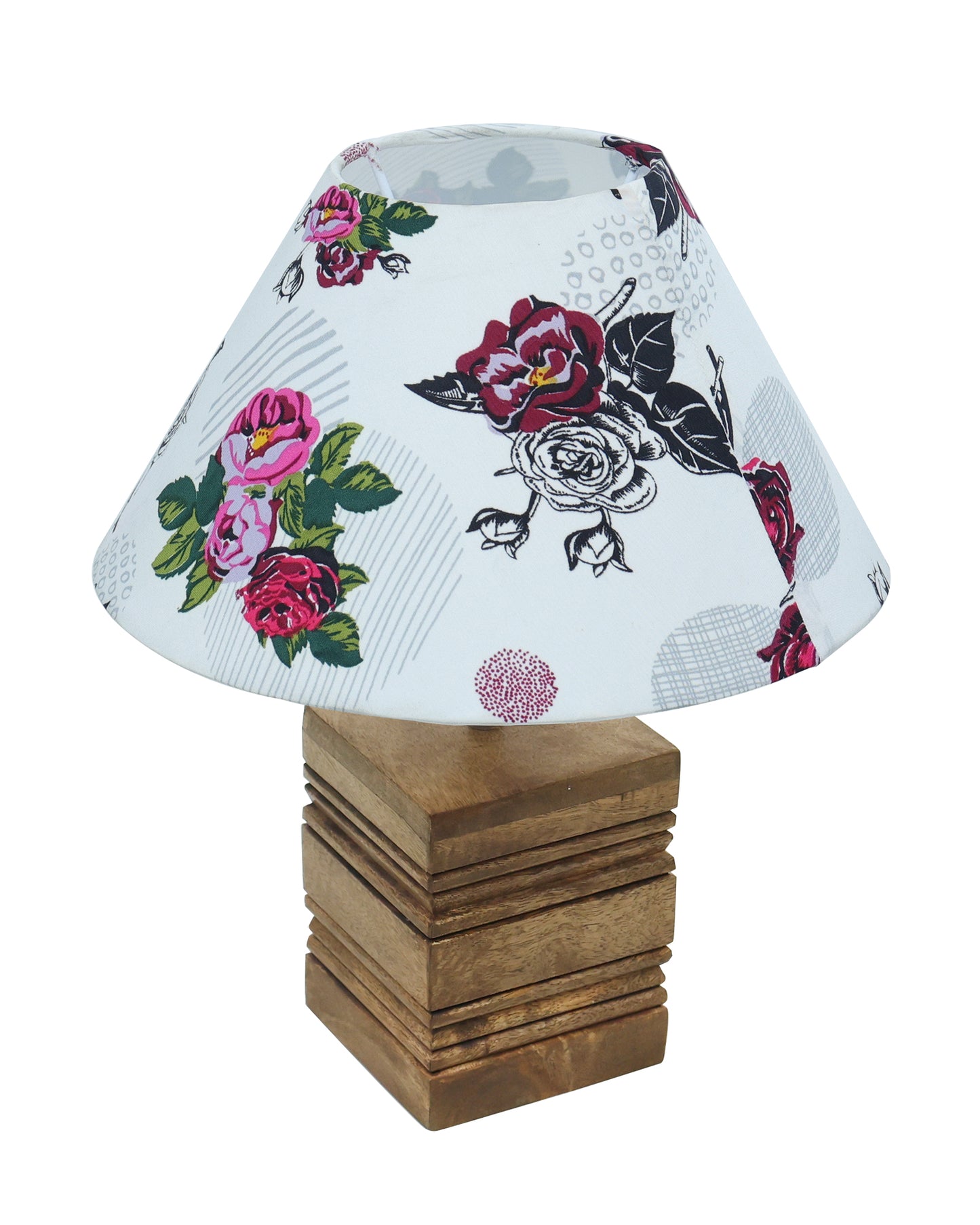 Ribbed Cube Table Lamp, Wooden Base Modern Fabric Lampshade for Home Office Cafe Restaurant, Cone
