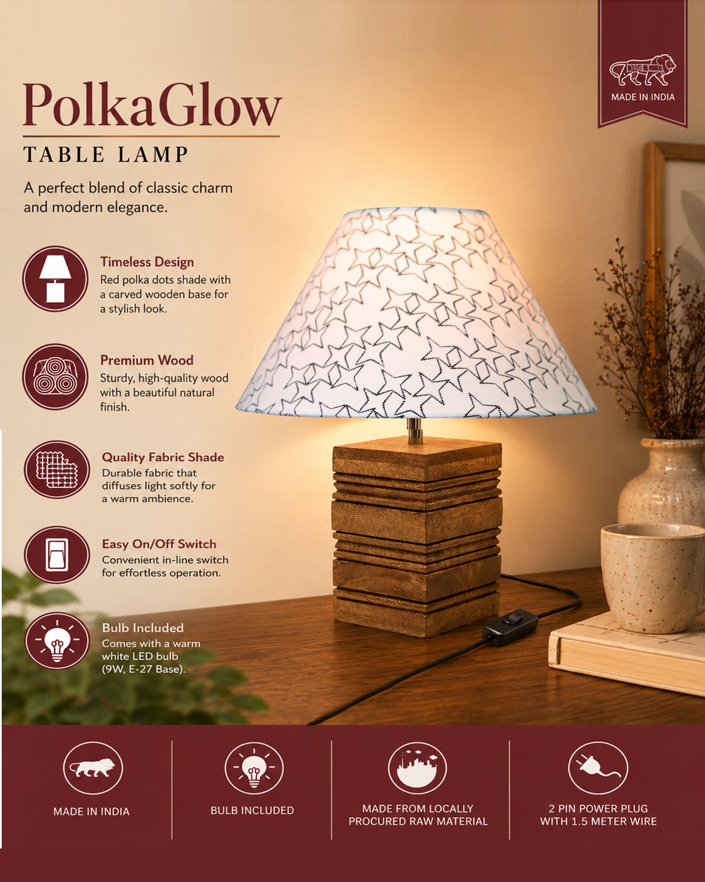 Ribbed Cube Table Lamp, Wooden Base Modern Fabric Lampshade for Home Office Cafe Restaurant, Cone