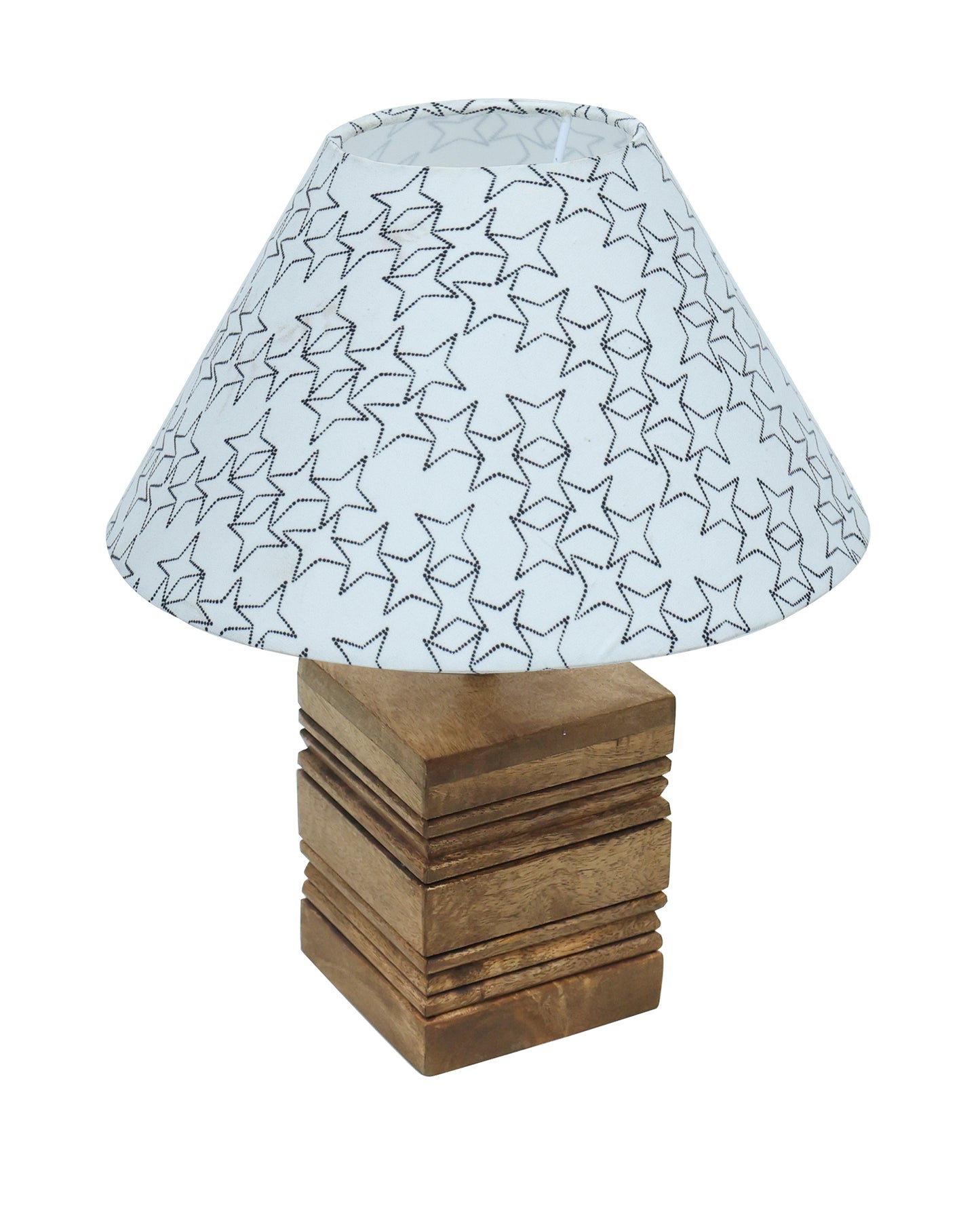 Ribbed Cube Table Lamp, Wooden Base Modern Fabric Lampshade for Home Office Cafe Restaurant, Cone