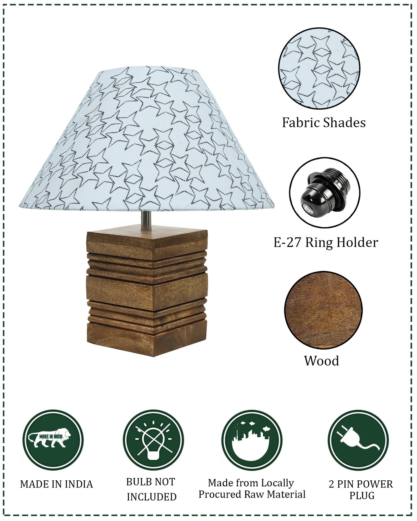 Ribbed Cube Table Lamp, Wooden Base Modern Fabric Lampshade for Home Office Cafe Restaurant, Cone
