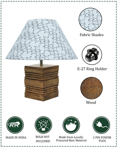Ribbed Cube Table Lamp, Wooden Base Modern Fabric Lampshade for Home Office Cafe Restaurant, Cone