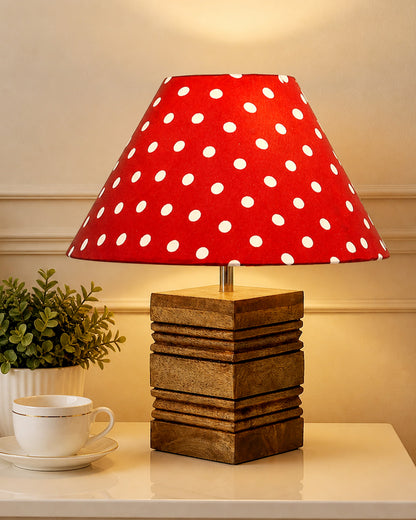 Ribbed Cube Table Lamp, Wooden Base Modern Fabric Lampshade for Home Office Cafe Restaurant, Cone