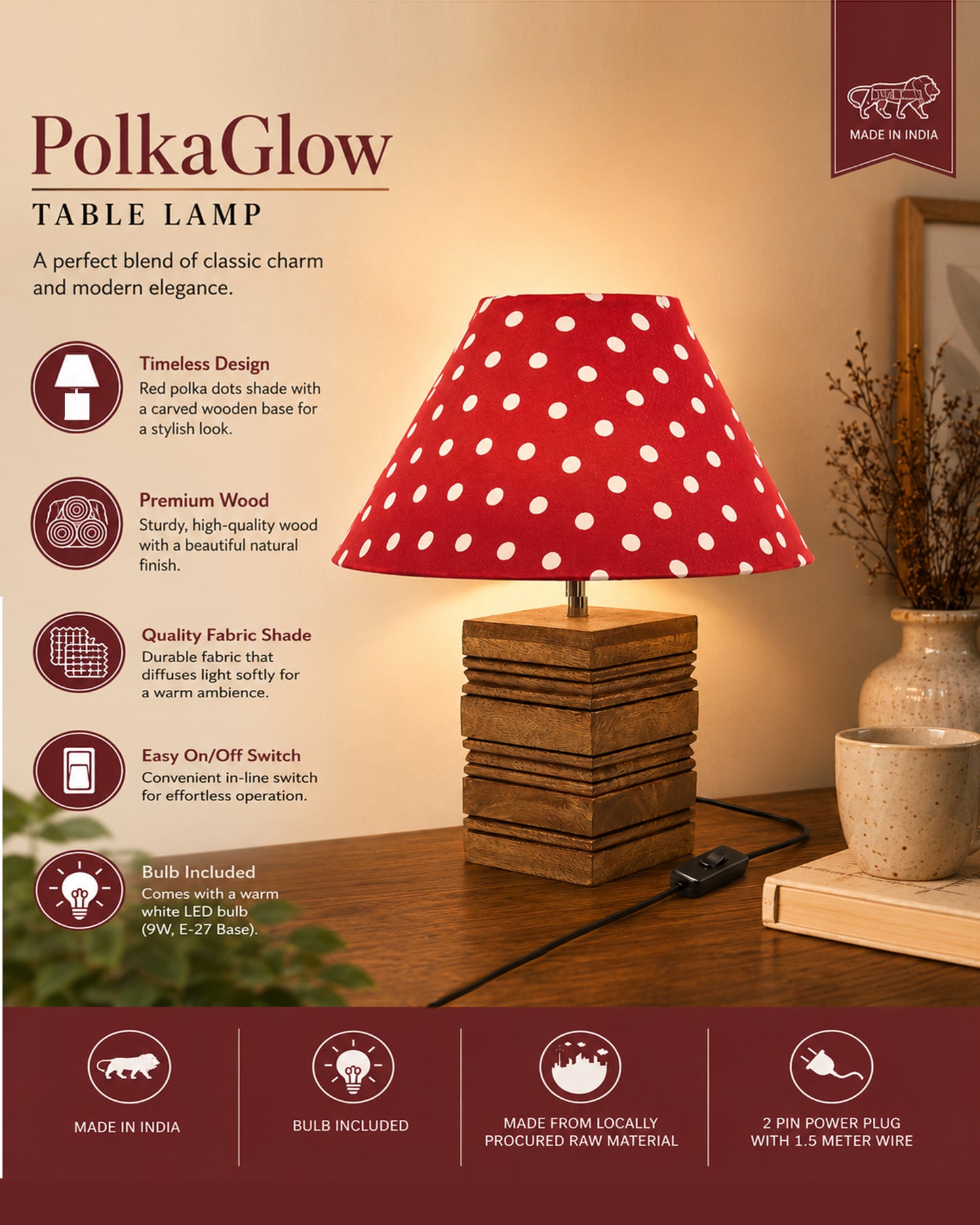 Ribbed Cube Table Lamp, Wooden Base Modern Fabric Lampshade for Home Office Cafe Restaurant, Cone