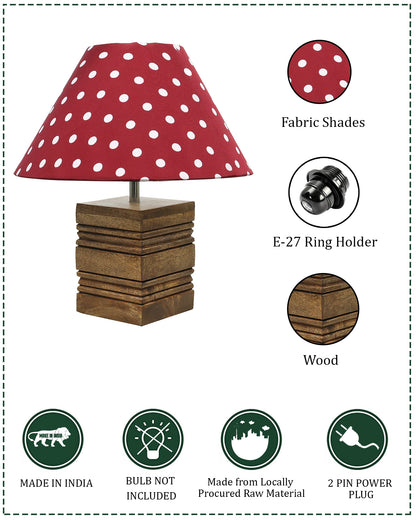 Ribbed Cube Table Lamp, Wooden Base Modern Fabric Lampshade for Home Office Cafe Restaurant, Cone