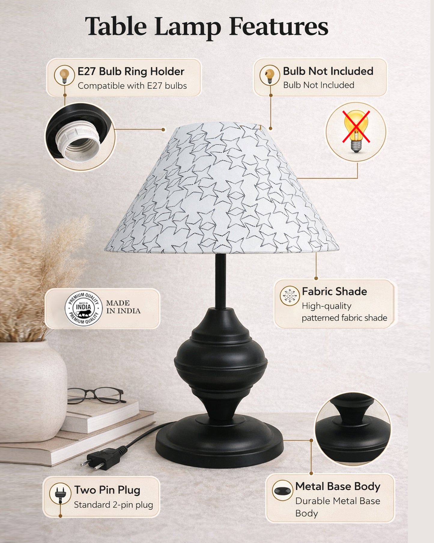 Black Metal Table Lamp | for Living Room | Modern Bedside Light with Pleated Shade | Decorative Night Lamp for Bedroom, Study, Office | Home Decor Lighting, E27 holder, Urn