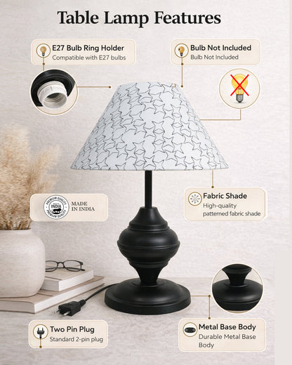 Black Metal Table Lamp | for Living Room | Modern Bedside Light with Pleated Shade | Decorative Night Lamp for Bedroom, Study, Office | Home Decor Lighting, E27 holder, Urn