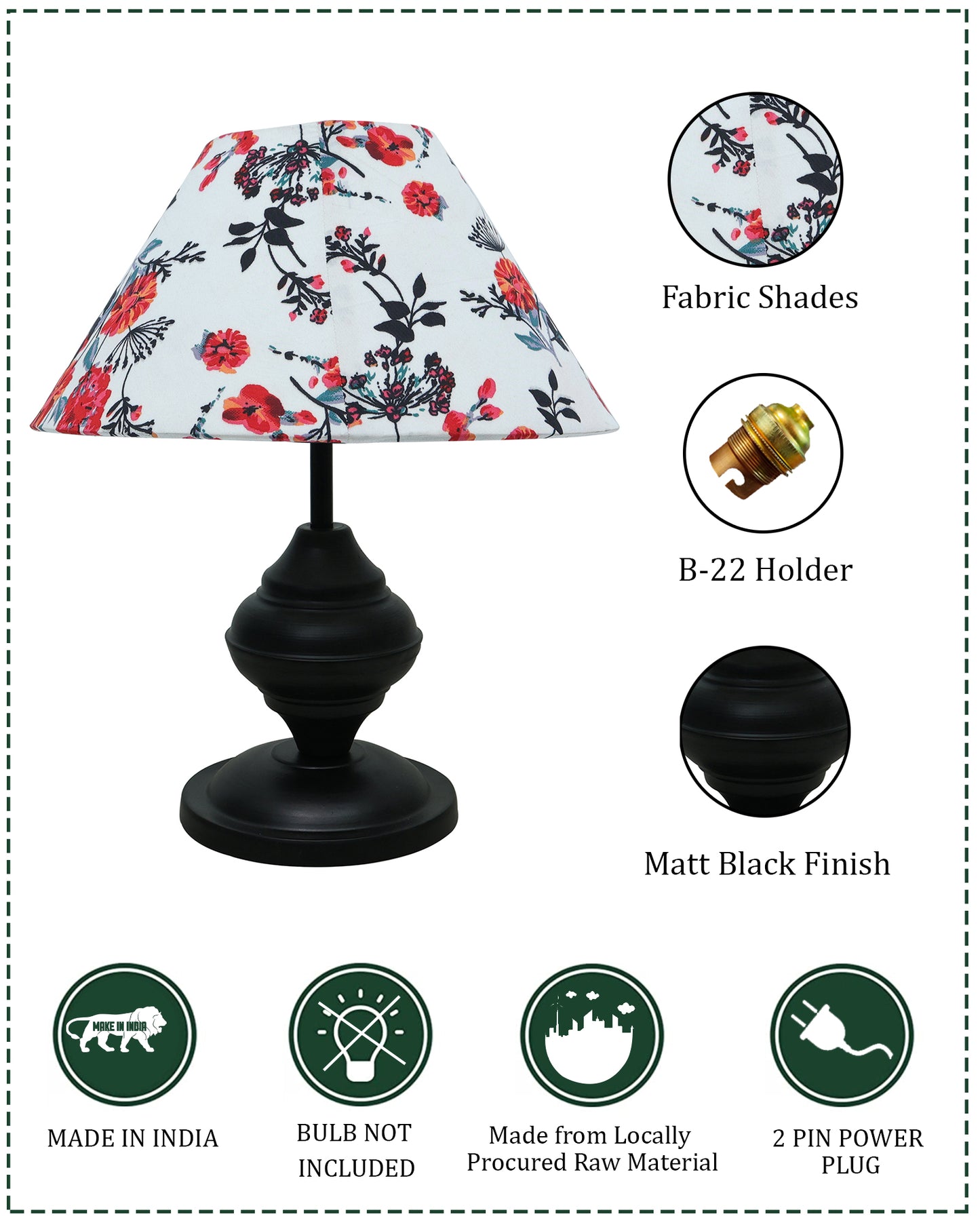 Black Metal Urn Table Lamp with Fabric Shade, B22 holder Nightstand Lamp