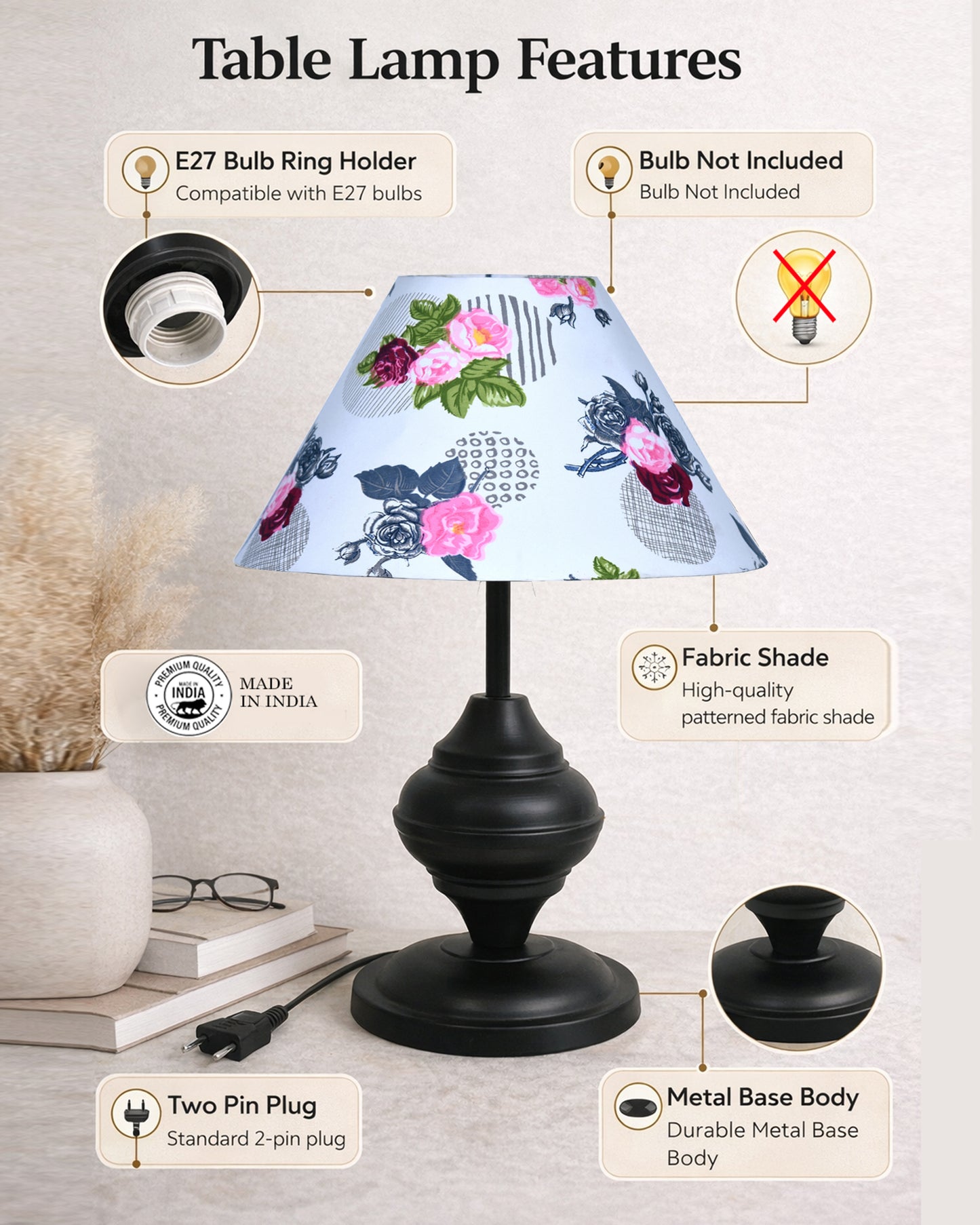 Black Metal Table Lamp | for Living Room | Modern Bedside Light with Pleated Shade | Decorative Night Lamp for Bedroom, Study, Office | Home Decor Lighting, E27 holder, Urn
