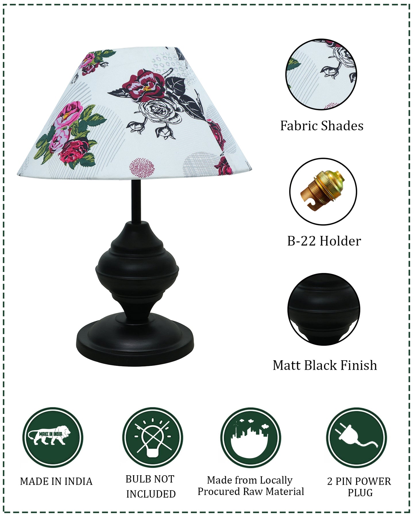 Black Metal Urn Table Lamp with Fabric Shade, B22 holder Nightstand Lamp