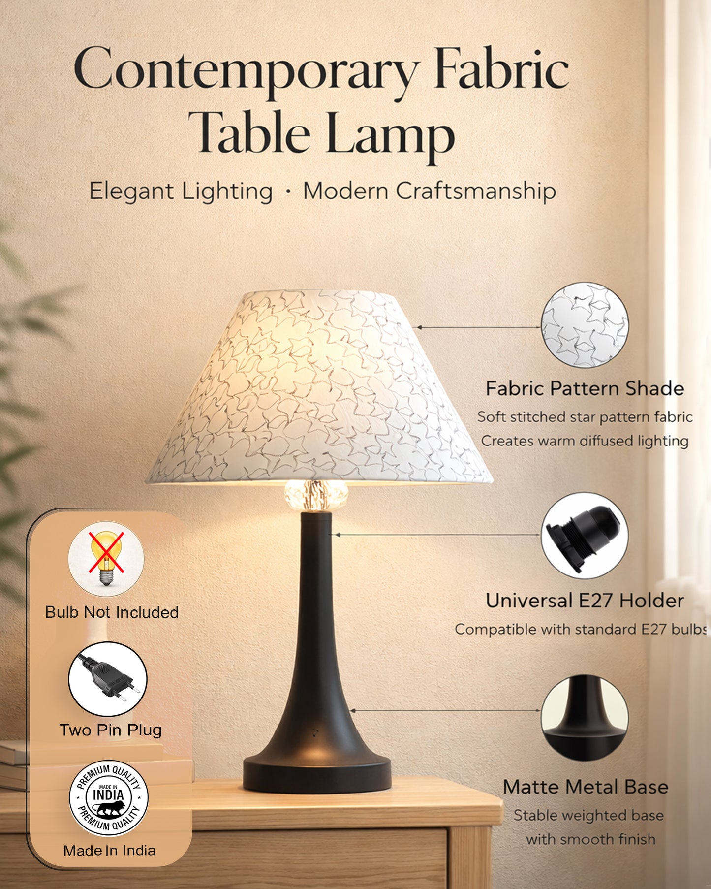 Black Metal Cone Table Lamp with Fabric Shade, B22 holder Nightstand Lamp