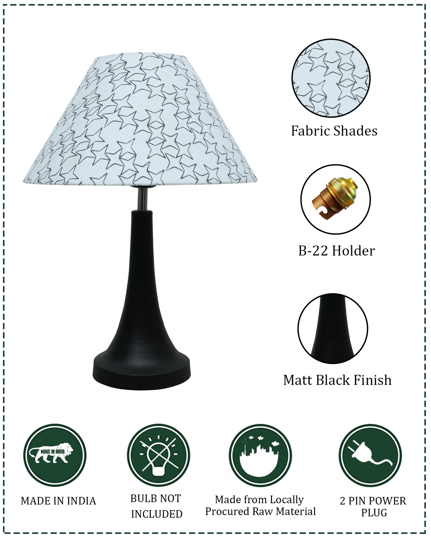 Black Metal Cone Table Lamp with Fabric Shade, B22 holder Nightstand Lamp