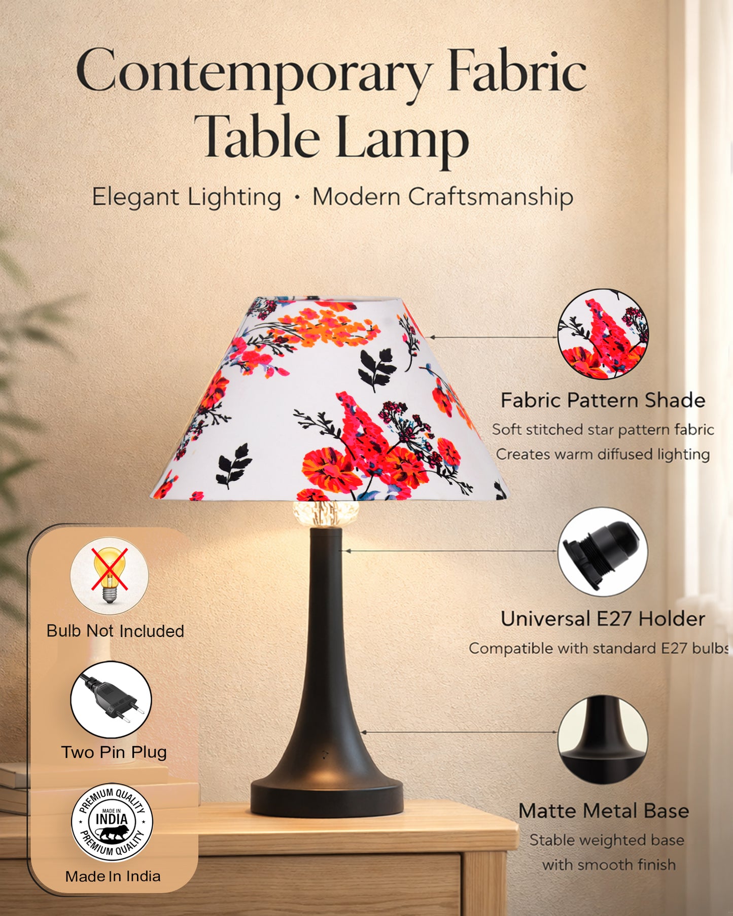 Black Metal Cone Table Lamp with Fabric Shade, B22 holder Nightstand Lamp