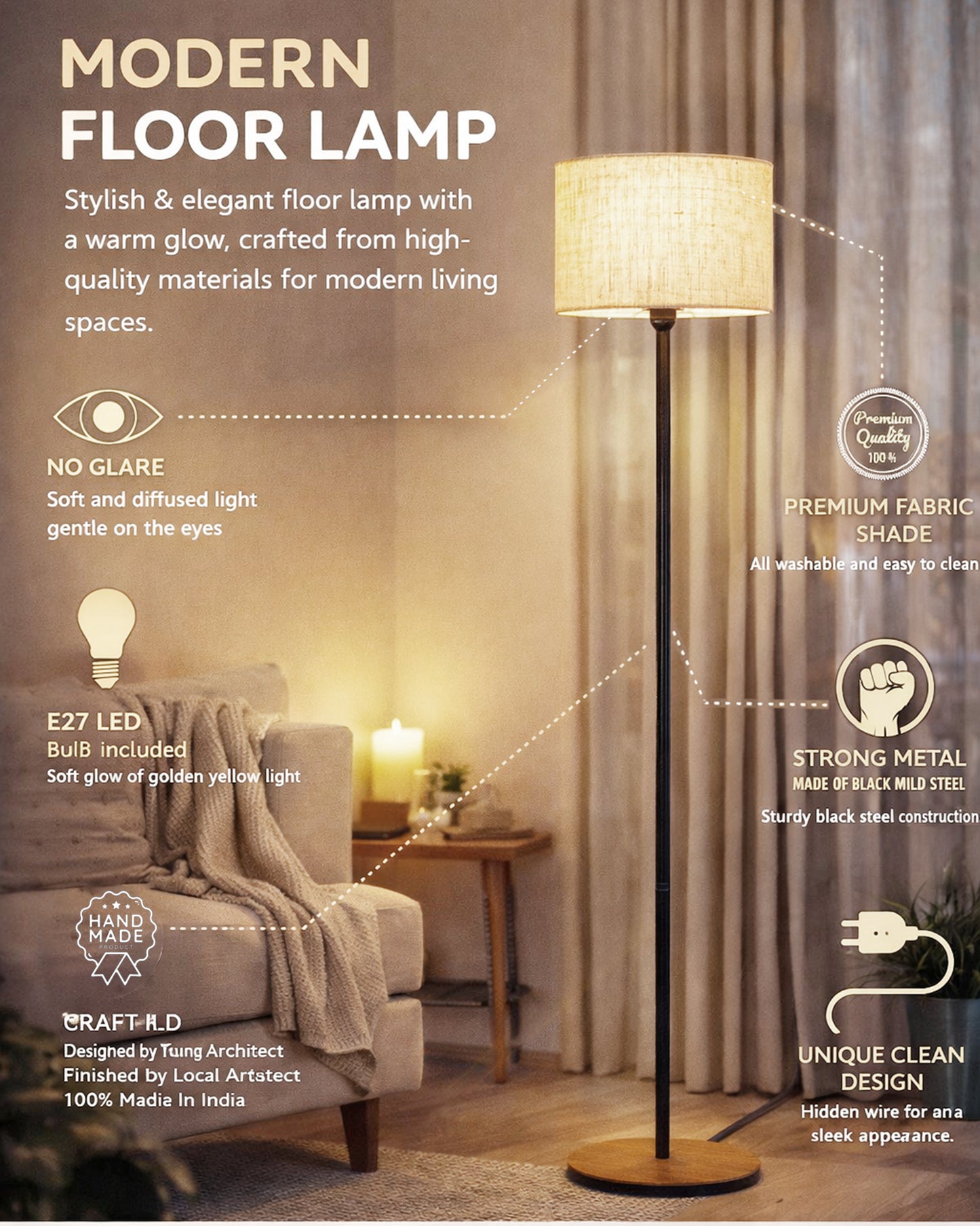 Homesake® Rustic Wooden Base Floor Lamp for Living Room | Decorative Night Standing Lamp | Corner Lamp for Living Room | Antique Industrial Vintage Minimalist Home | Office-Bird