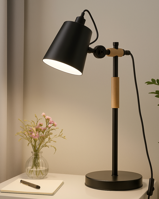 Nordic Style Metal Desk Lamp ,Modern Minimalist Adjustable Reading Lamp with Solid Natural Wood
