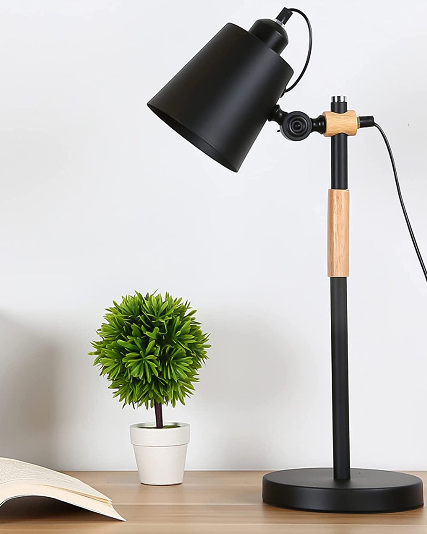 Nordic Style Metal Desk Lamp ,Modern Minimalist Adjustable Reading Lamp with Solid Natural Wood