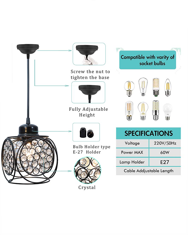 Crystal hanging light, ceiling lamp, Nordic E27 pendant, Ring Cube