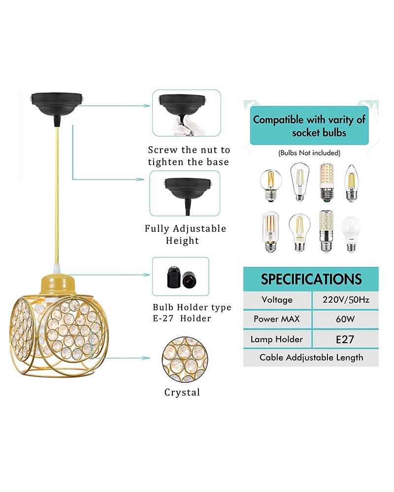 Crystal hanging light, ceiling lamp, Nordic E27 pendant, Ring Cube