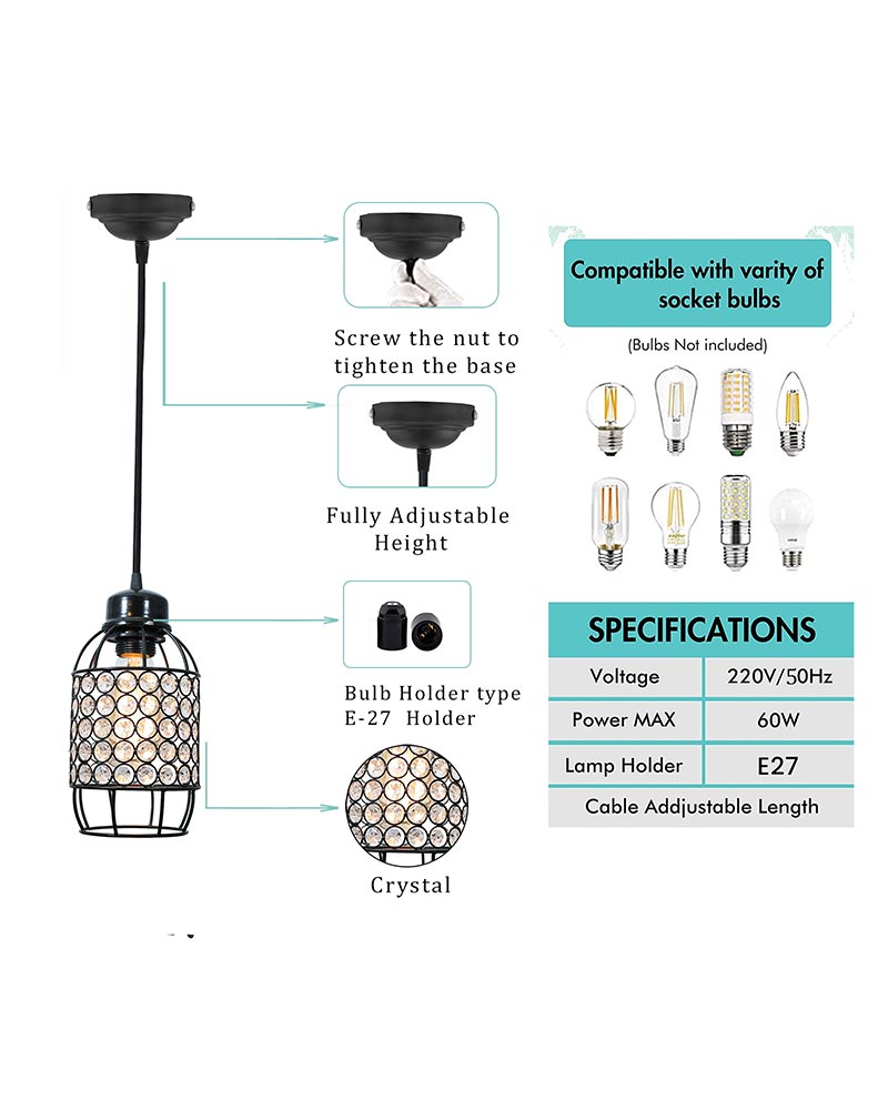 Crystal hanging light, ceiling lamp, Nordic E27 pendant, Half Capsule