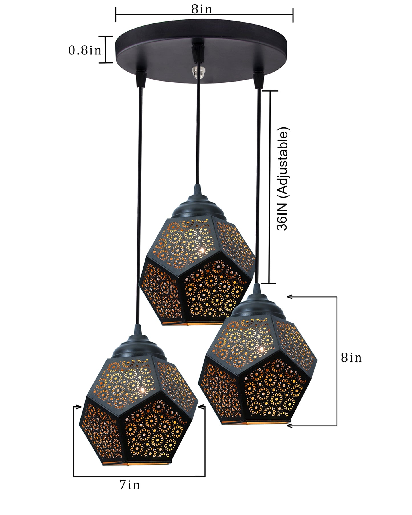 3-lights Round Cluster Chandelier Crystal hanging Pendant Light Black, Do Decahedron