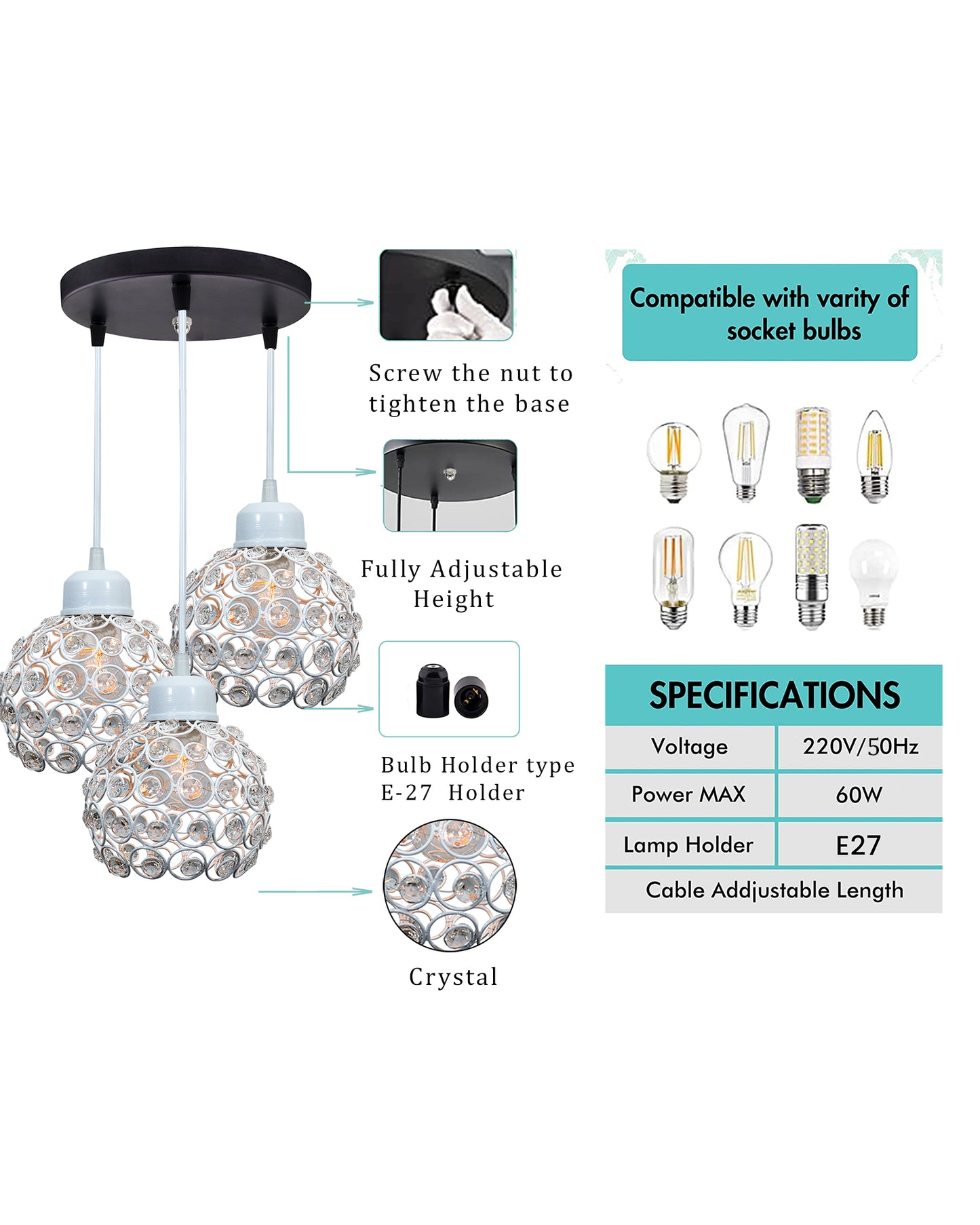 3-lights Round Cluster Chandelier Crystal hanging Pendant Light, Dual Crystal half globe