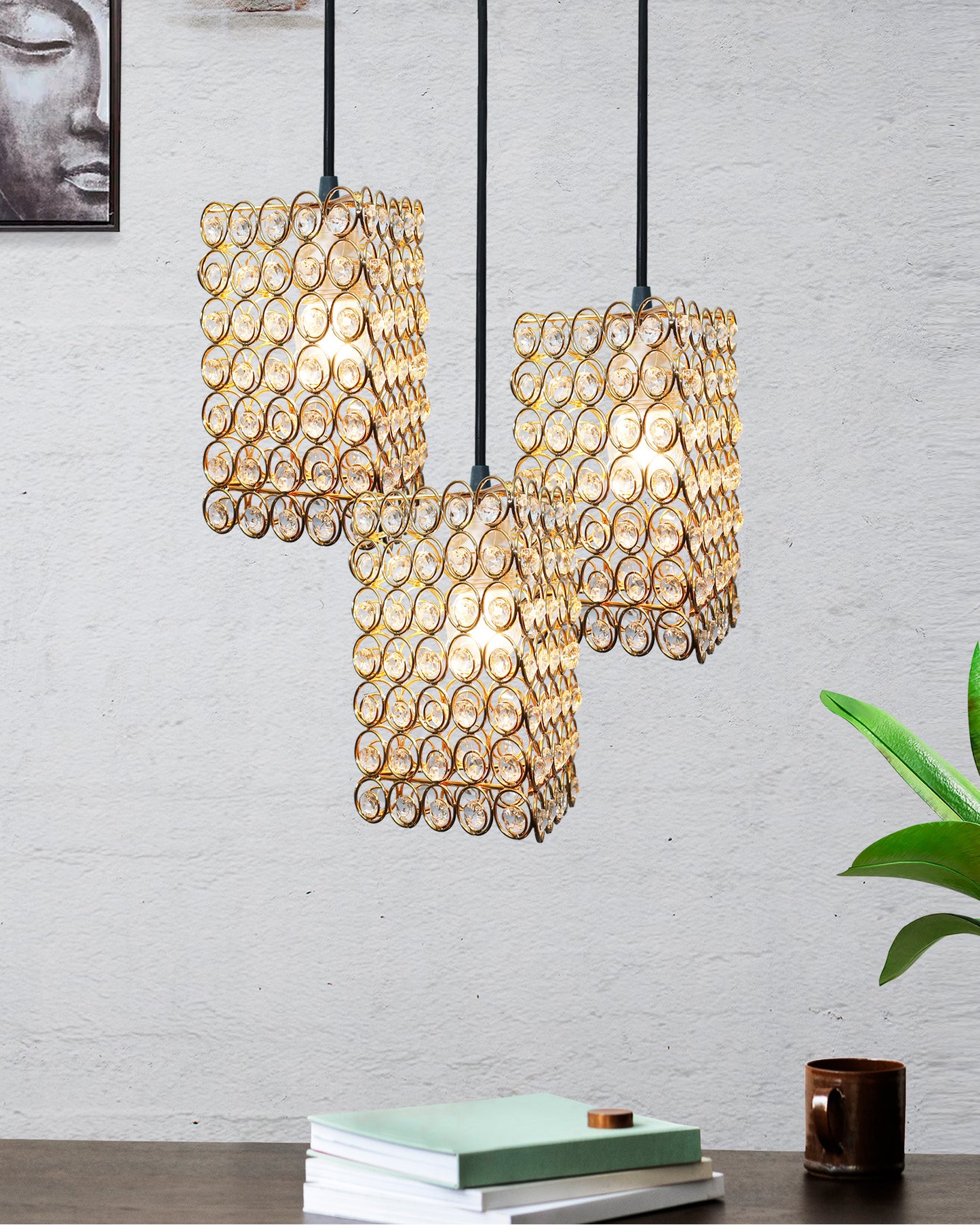 3-lights Round Cluster Chandelier Crystal hanging Pendant Light Golden, Dual Ring Triangle