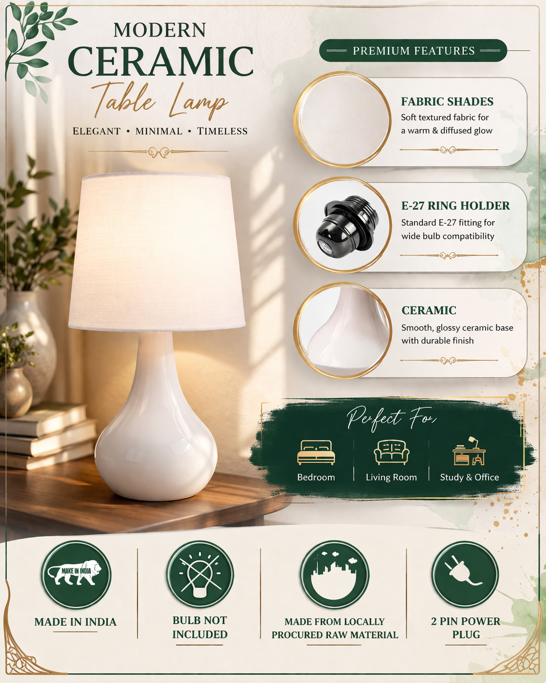 Modern Small Ceramic Table Lamp With Fabric Shade Classic Bedside Desk lamp