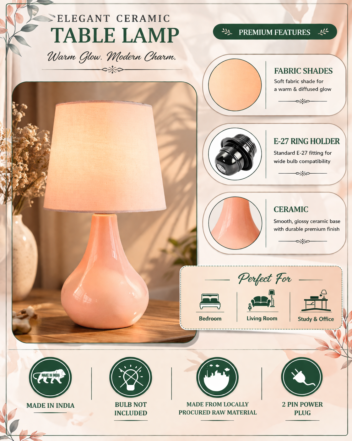 Modern Small Ceramic Table Lamp With Fabric Shade Classic Bedside Desk lamp