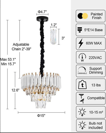 Homesake® 15" 5-Light Modern Crystal Chandelier Light Fixtures 3-Tier White Luxury Chandeliers for Dining Room Round Hanging Pendant Lighting for Living Room Kitchen Entryway, Bedroom Hallway 400mm, White