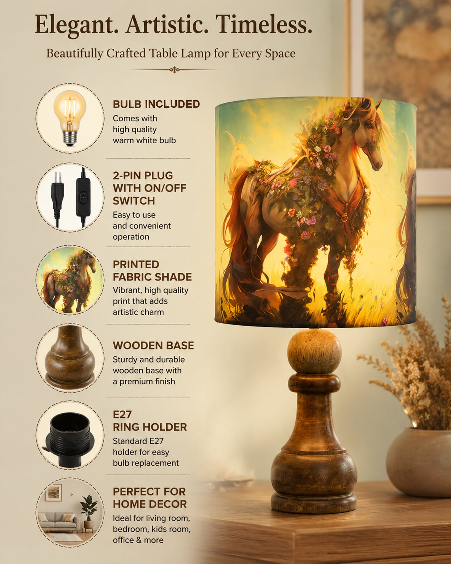 Chess Bedside Table Desk Lamp Rustic Wood Base Fabric Shade for Décor, Accent Light, Gameroom, Kids', Living Room, Bedroom, Office