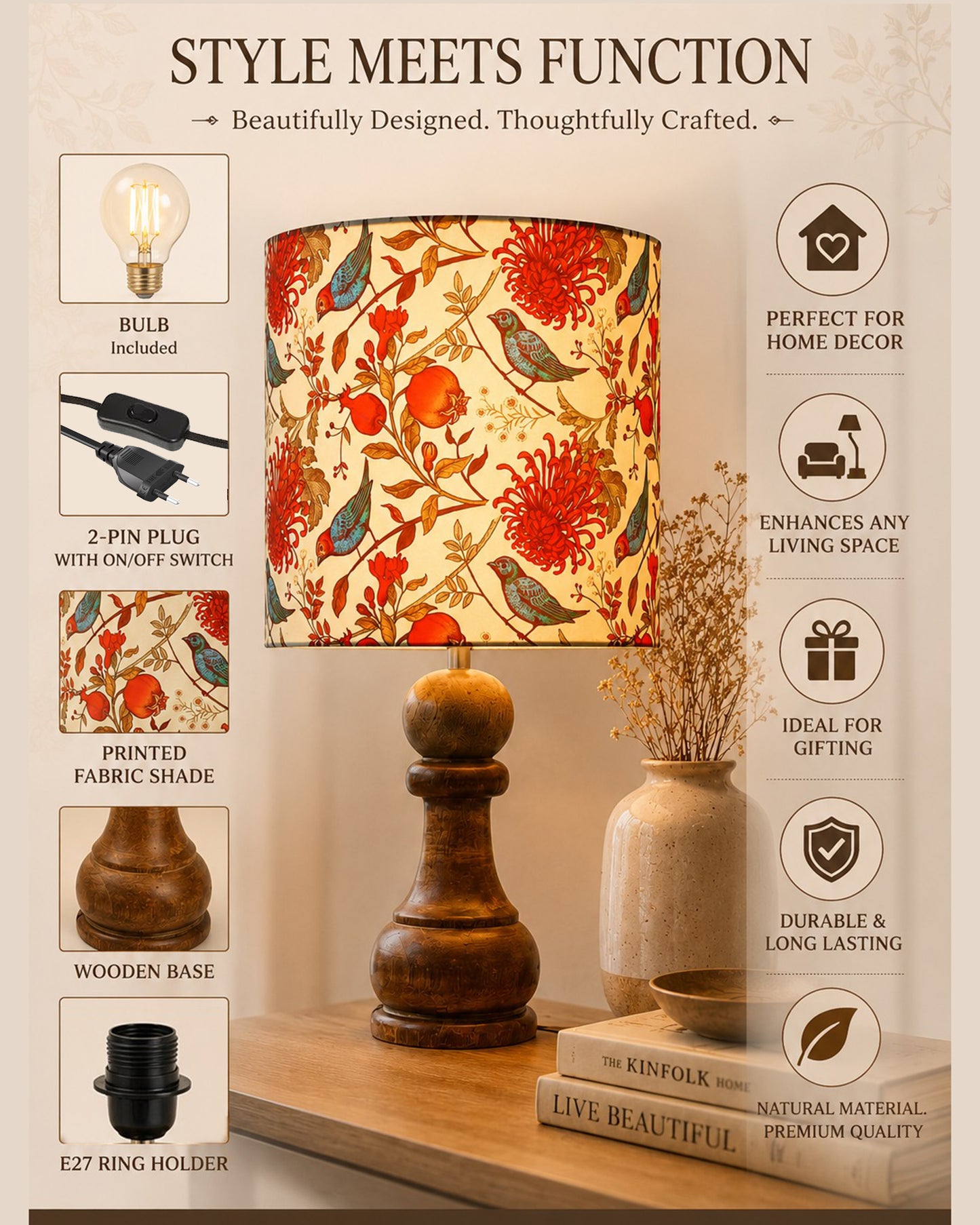 Chess Bedside Table Desk Lamp Rustic Wood Base Fabric Shade for Décor, Accent Light, Gameroom, Kids', Living Room, Bedroom, Office