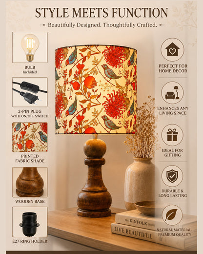 Chess Bedside Table Desk Lamp Rustic Wood Base Fabric Shade for Décor, Accent Light, Gameroom, Kids', Living Room, Bedroom, Office