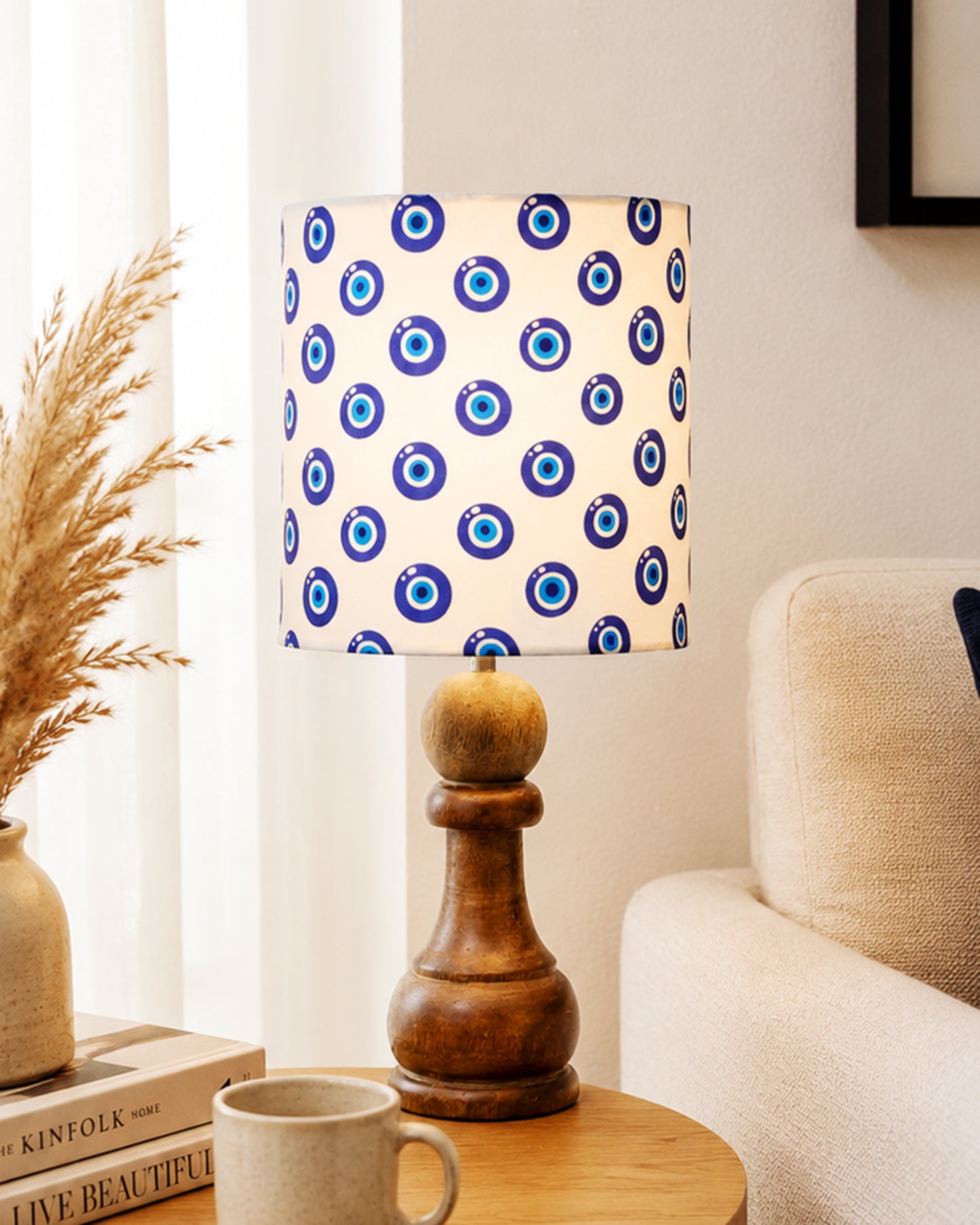 Chess Bedside Table Desk Lamp Rustic Wood Base Fabric Shade for Décor, Accent Light, Gameroom, Kids', Living Room, Bedroom, Office