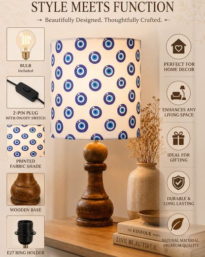 Chess Bedside Table Desk Lamp Rustic Wood Base Fabric Shade for Décor, Accent Light, Gameroom, Kids', Living Room, Bedroom, Office