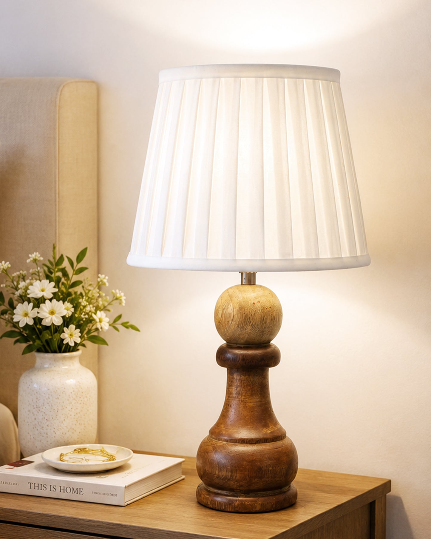 Chess Bedside Table Desk Lamp Rustic Wood Base Fabric Shade for Décor, Accent Light, Gameroom, Kids', Living Room, Bedroom, Office