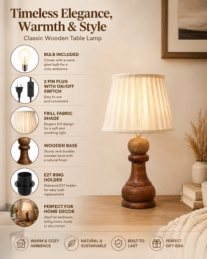 Chess Bedside Table Desk Lamp Rustic Wood Base Fabric Shade for Décor, Accent Light, Gameroom, Kids', Living Room, Bedroom, Office