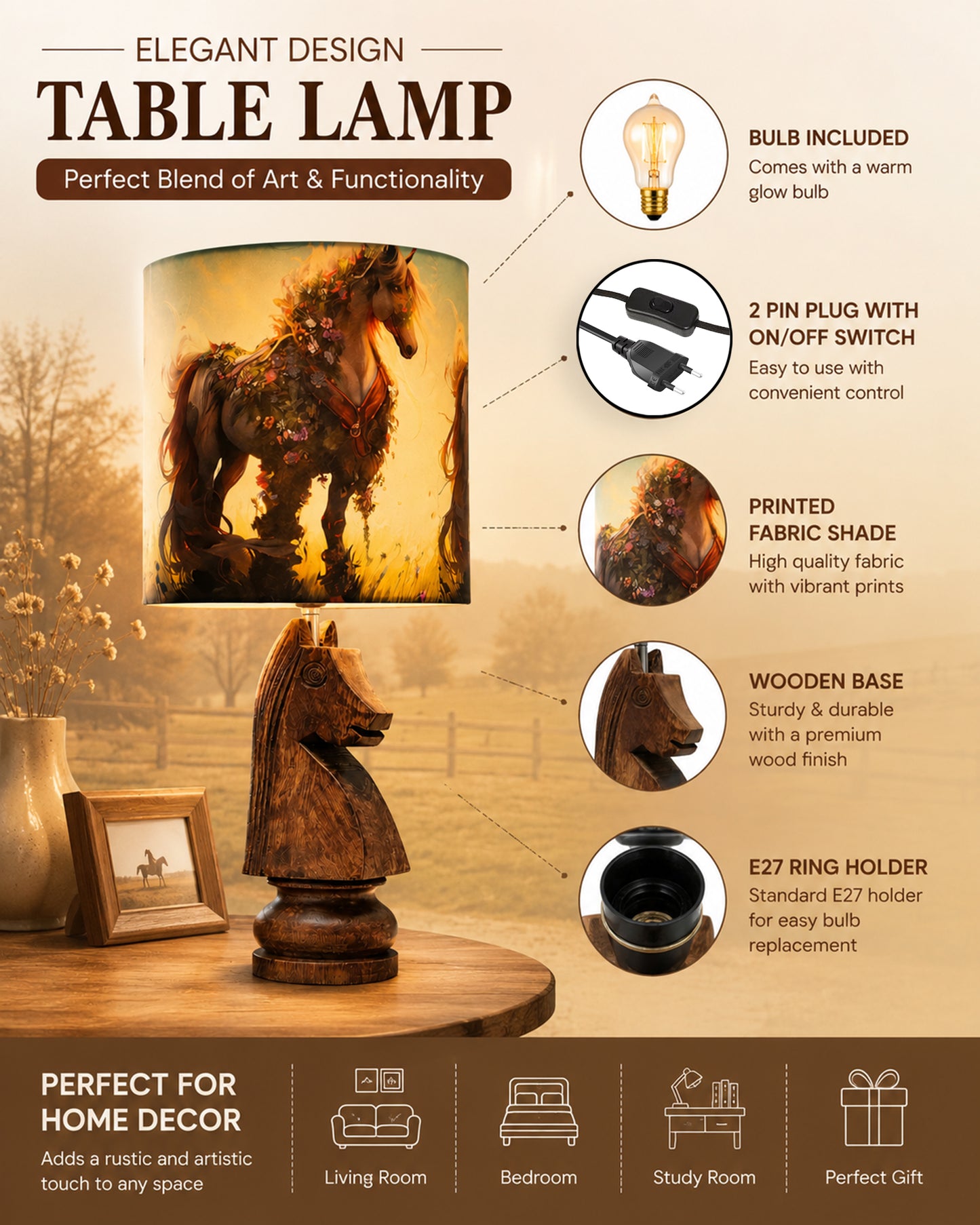 Chess Bedside Table Desk Lamp Rustic Wood Base Fabric Shade for Décor, Accent Light, Gameroom, Kids', Living Room, Bedroom, Office, Resturant
