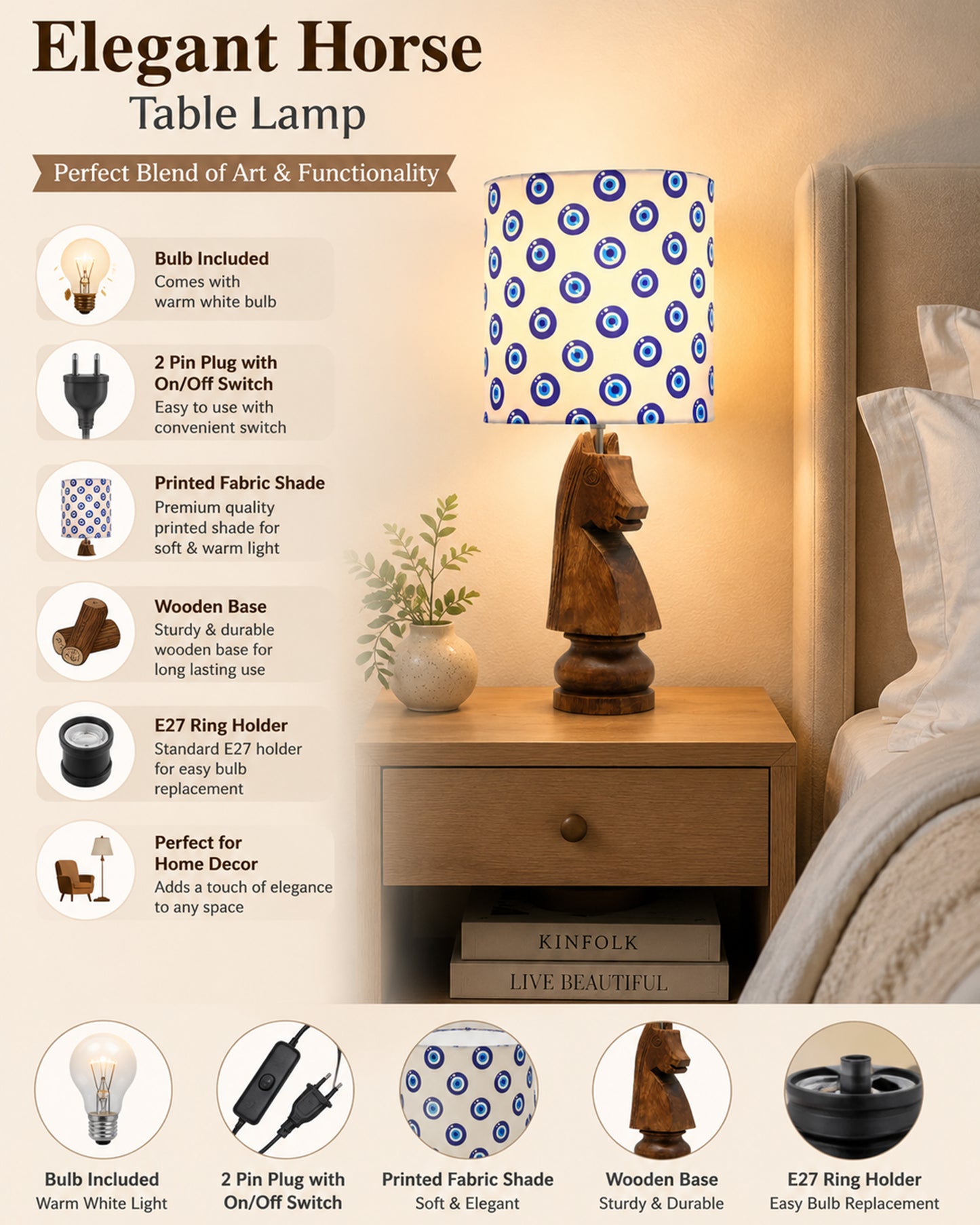 Chess Bedside Table Desk Lamp Rustic Wood Base Fabric Shade for Décor, Accent Light, Gameroom, Kids', Living Room, Bedroom, Office, Resturant