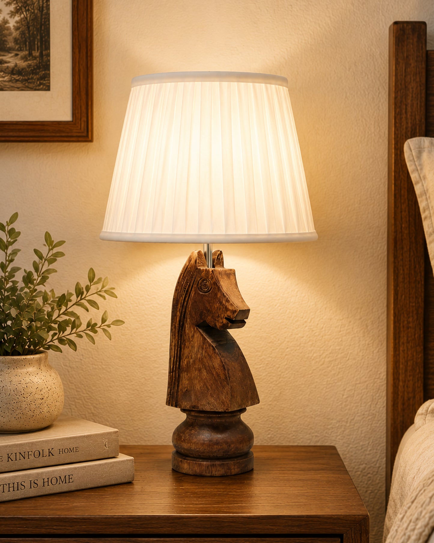 Chess Bedside Table Desk Lamp Rustic Wood Base Fabric Shade for Décor, Accent Light, Gameroom, Kids', Living Room, Bedroom, Office, Resturant