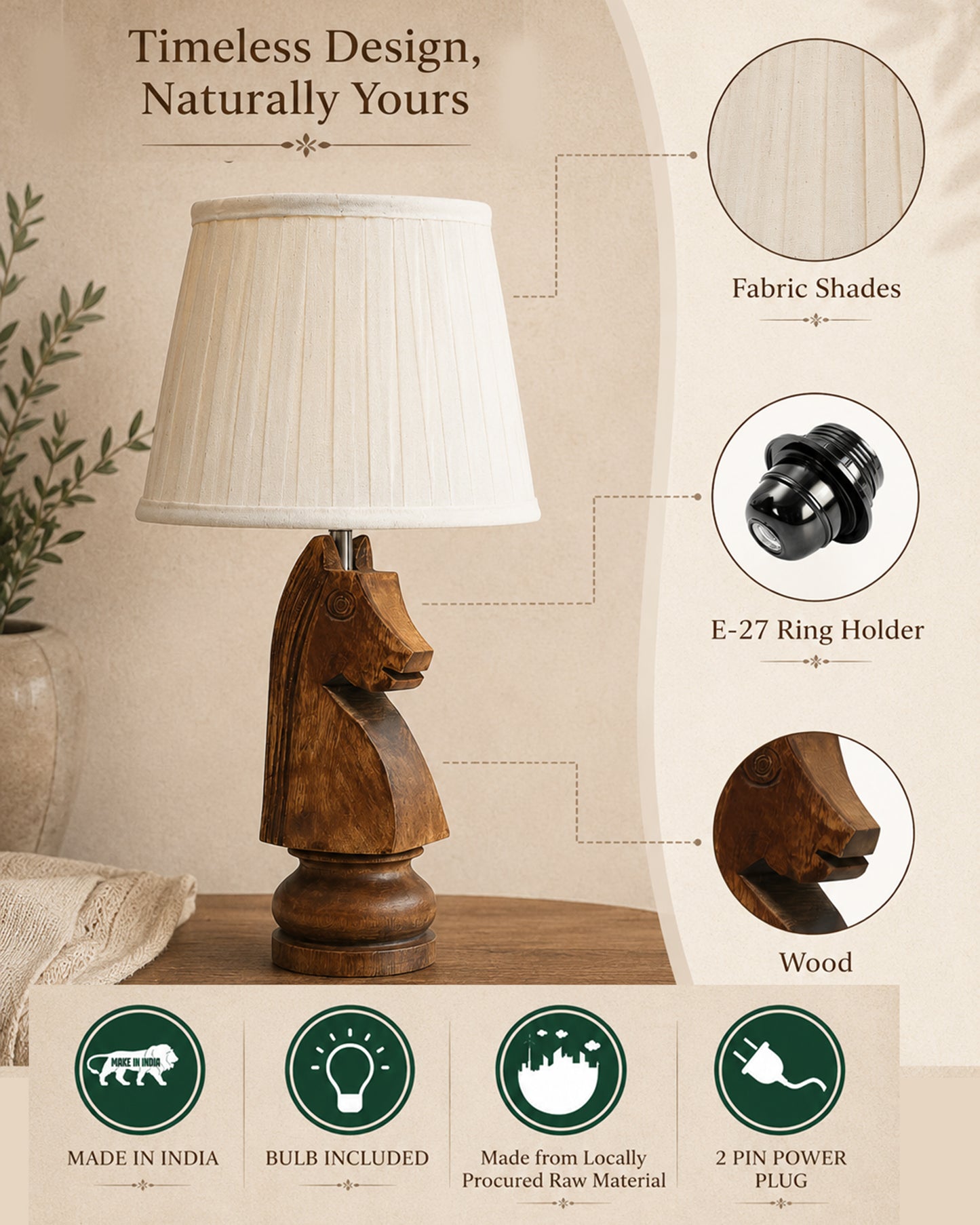 Chess Bedside Table Desk Lamp Rustic Wood Base Fabric Shade for Décor, Accent Light, Gameroom, Kids', Living Room, Bedroom, Office, Resturant