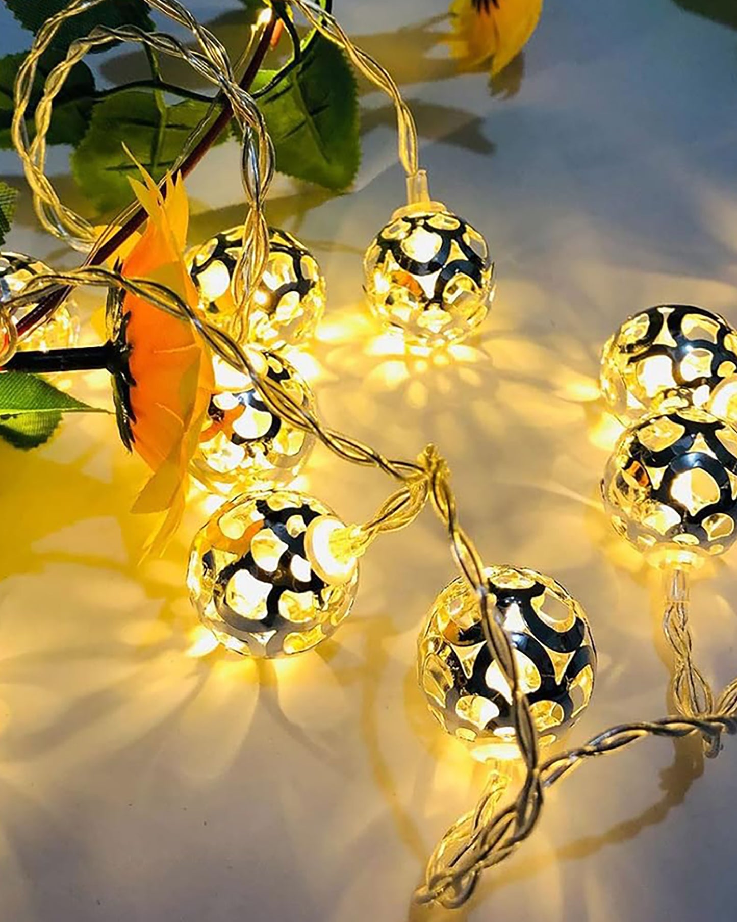 String Lights, Moroccon Copper Lights 5M 14LED Indoor Outdoor Fairy Globe String Lights,for Garden,Diwali,Christmas,Wedding,Home, Party Decoration (Warm White), Golden Metal ball