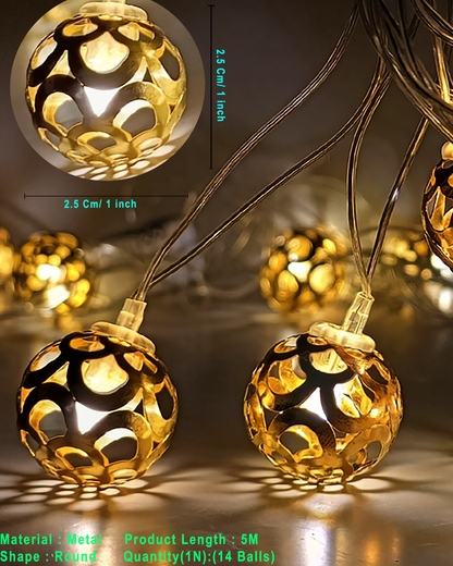 String Lights, Moroccon Copper Lights 5M 14LED Indoor Outdoor Fairy Globe String Lights,for Garden,Diwali,Christmas,Wedding,Home, Party Decoration (Warm White), Golden Metal ball