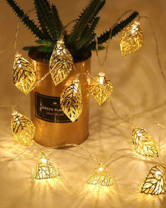 String Lights, Moroccon Copper Lights 5M 14LED Indoor Outdoor Fairy Globe String Lights,for Garden,Diwali,Christmas,Wedding,Home, Party Decoration (Warm White), Golden Leaf