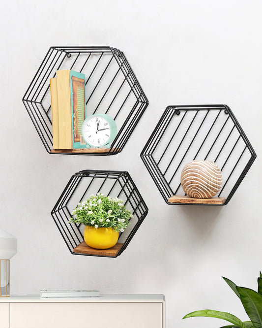 Industrial Black Wall Mounted Honeycomb Floating Shelves Set of 3 Decorative Hexagon Metal Wire Shelves – Large, Medium Small - Modern Shelves for Home, Office- Rustic Brown