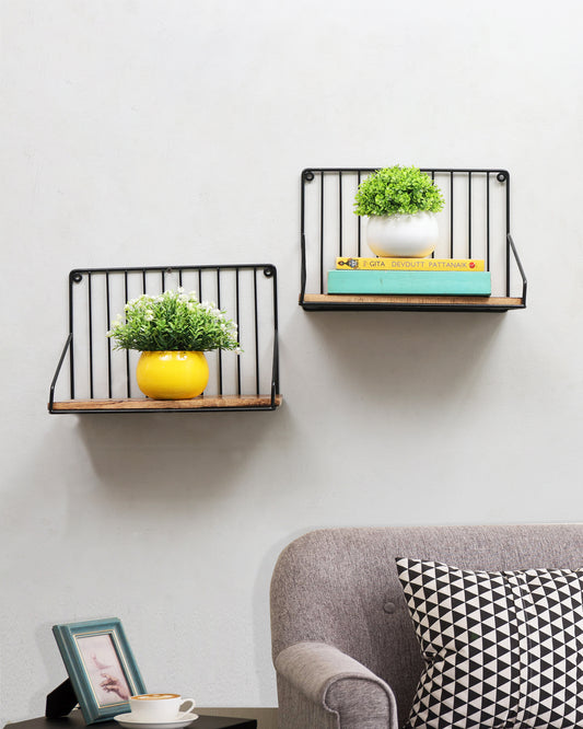 Metal Iron Wall Mount Shelf Bookshelf Floating Storage Rack Organization for Kitchen Bedroom Home Decor Kid Room DIY Wall Decorations Plants Holder with Wood Base, Single Set of 2